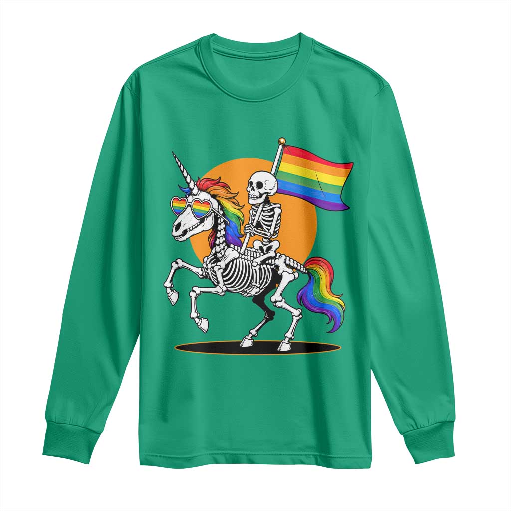 Funny Skeleton Riding Unicorn LGBTQ Pride Long Sleeve Shirt Rainbow Fantasy Graphic TS12 Irish Green Print Your Wear