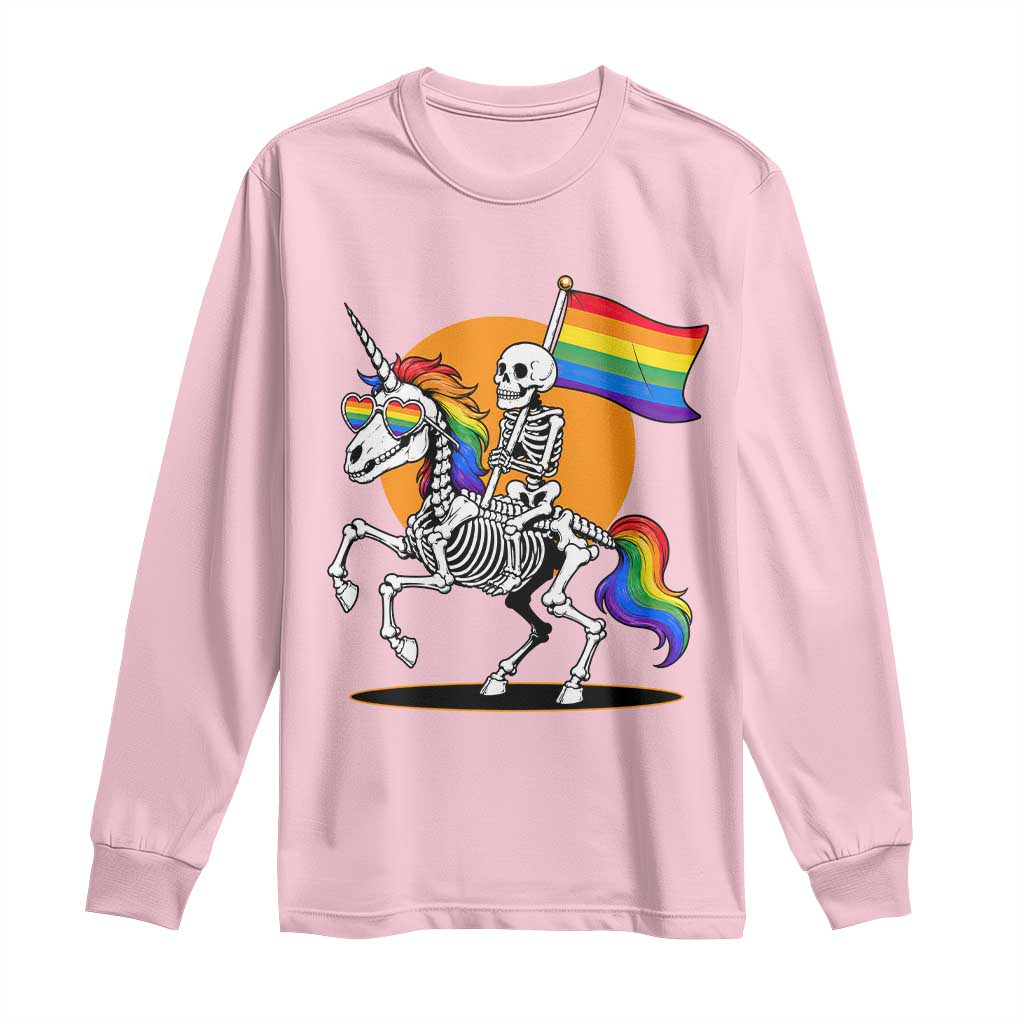 Funny Skeleton Riding Unicorn LGBTQ Pride Long Sleeve Shirt Rainbow Fantasy Graphic TS12 Light Pink Print Your Wear