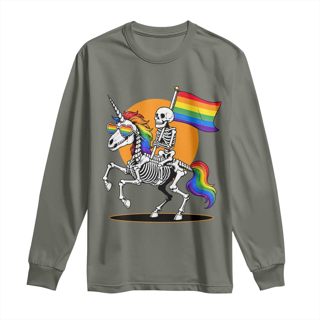 Funny Skeleton Riding Unicorn LGBTQ Pride Long Sleeve Shirt Rainbow Fantasy Graphic TS12 Military Green Print Your Wear