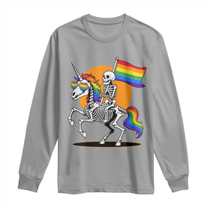 Funny Skeleton Riding Unicorn LGBTQ Pride Long Sleeve Shirt Rainbow Fantasy Graphic TS12 Sport Gray Print Your Wear