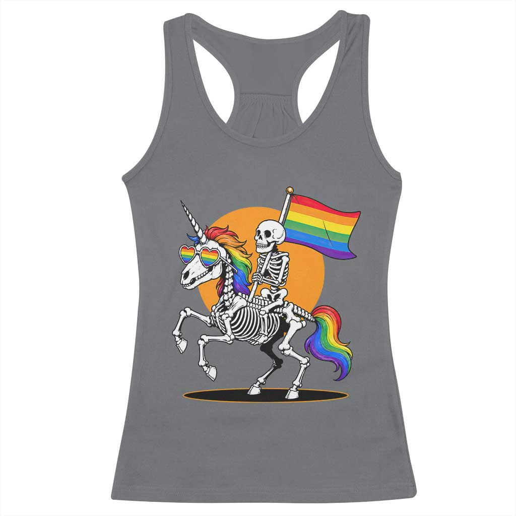 Funny Skeleton Riding Unicorn LGBTQ Pride Racerback Tank Top Rainbow Fantasy Graphic TS12 Charcoal Print Your Wear