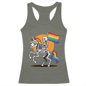 Funny Skeleton Riding Unicorn LGBTQ Pride Racerback Tank Top Rainbow Fantasy Graphic TS12 Military Green Print Your Wear