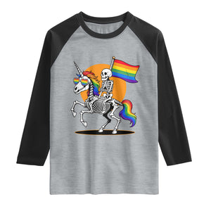 Funny Skeleton Riding Unicorn LGBTQ Pride Raglan Shirt Rainbow Fantasy Graphic TS12 Heather Gray Black Print Your Wear