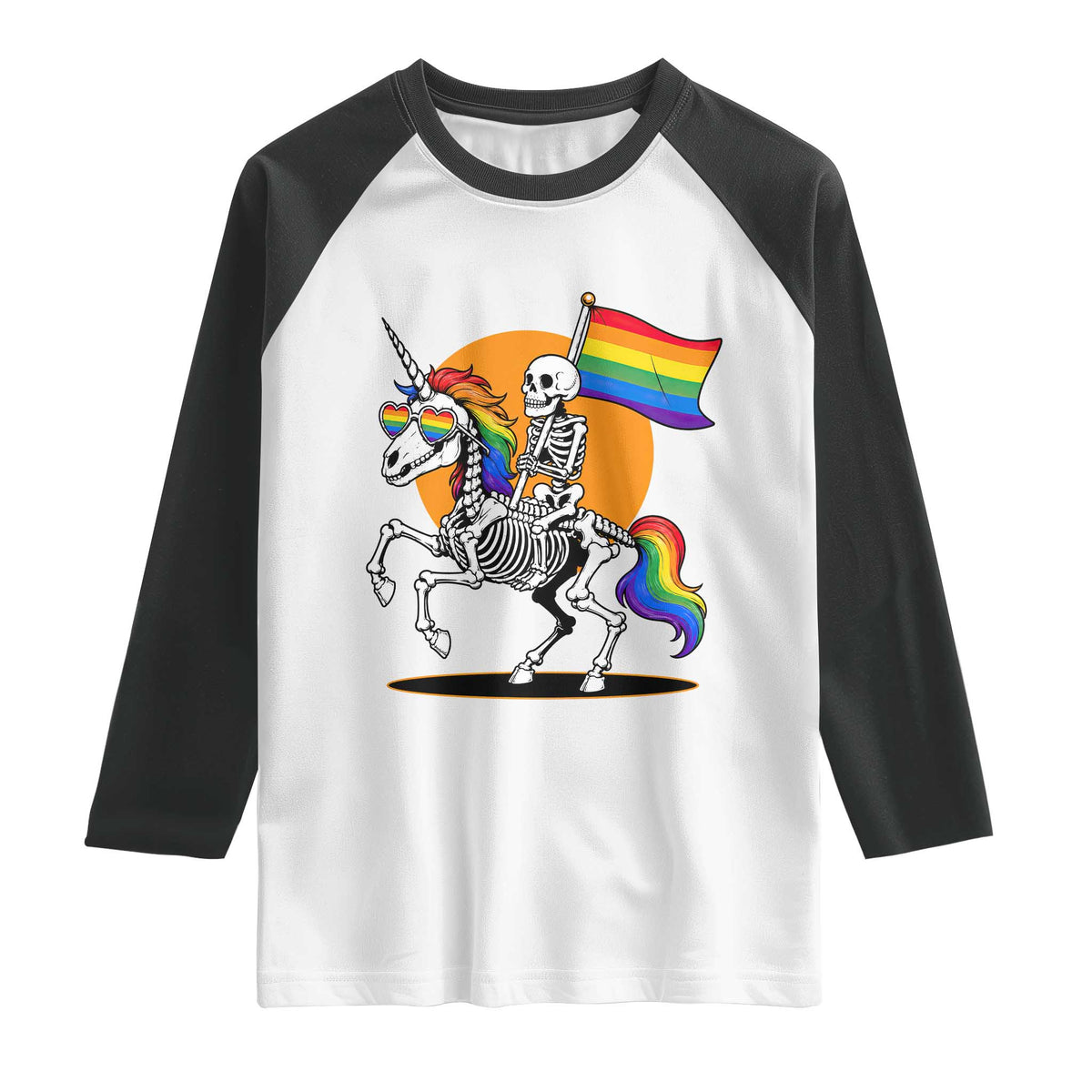 Funny Skeleton Riding Unicorn LGBTQ Pride Raglan Shirt Rainbow Fantasy Graphic TS12 White Black Print Your Wear