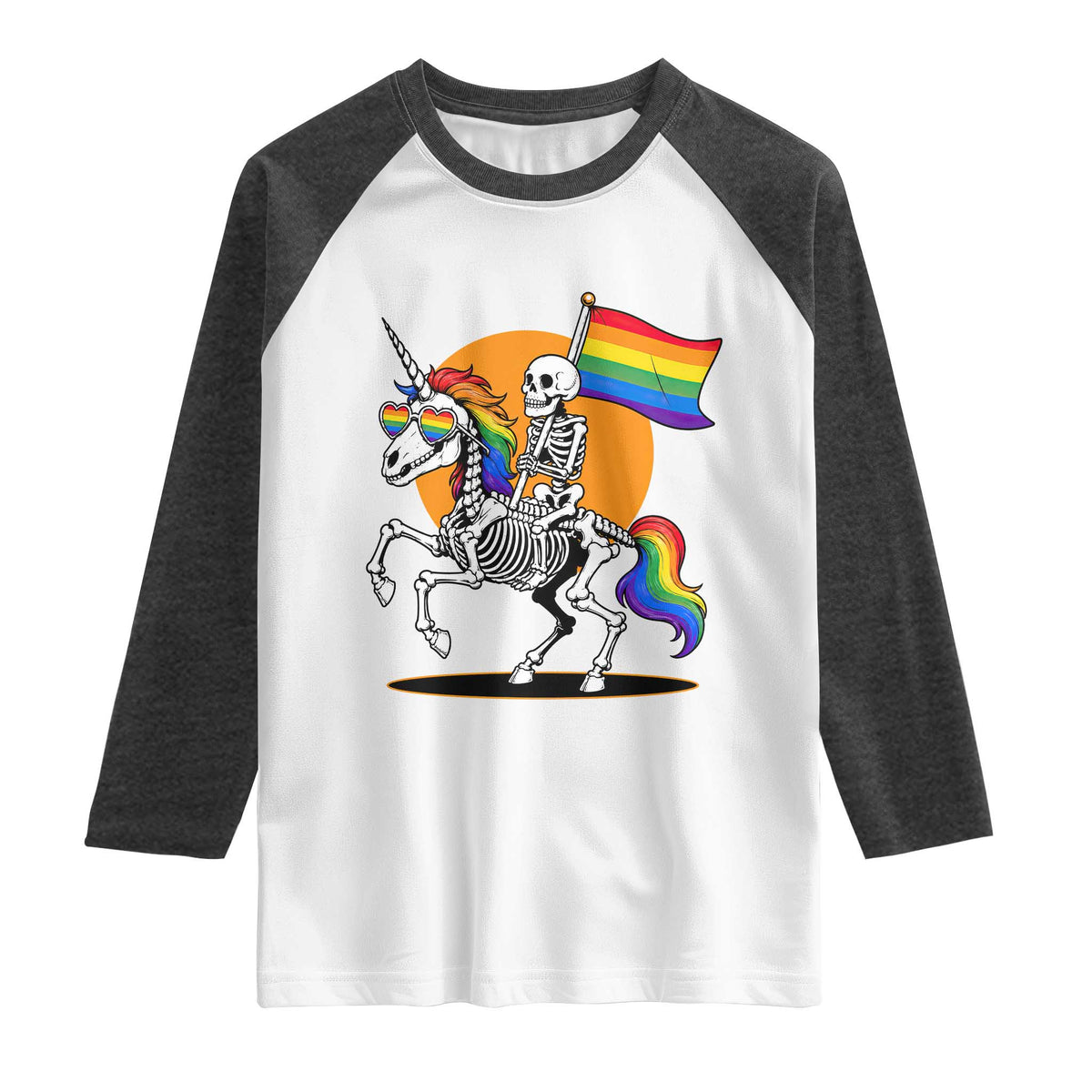 Funny Skeleton Riding Unicorn LGBTQ Pride Raglan Shirt Rainbow Fantasy Graphic TS12 White Heather Charcoal Print Your Wear