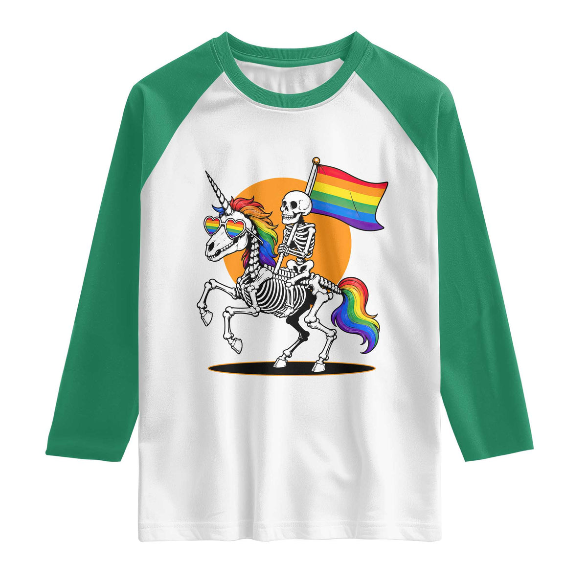 Funny Skeleton Riding Unicorn LGBTQ Pride Raglan Shirt Rainbow Fantasy Graphic TS12 White Kelly Green Print Your Wear