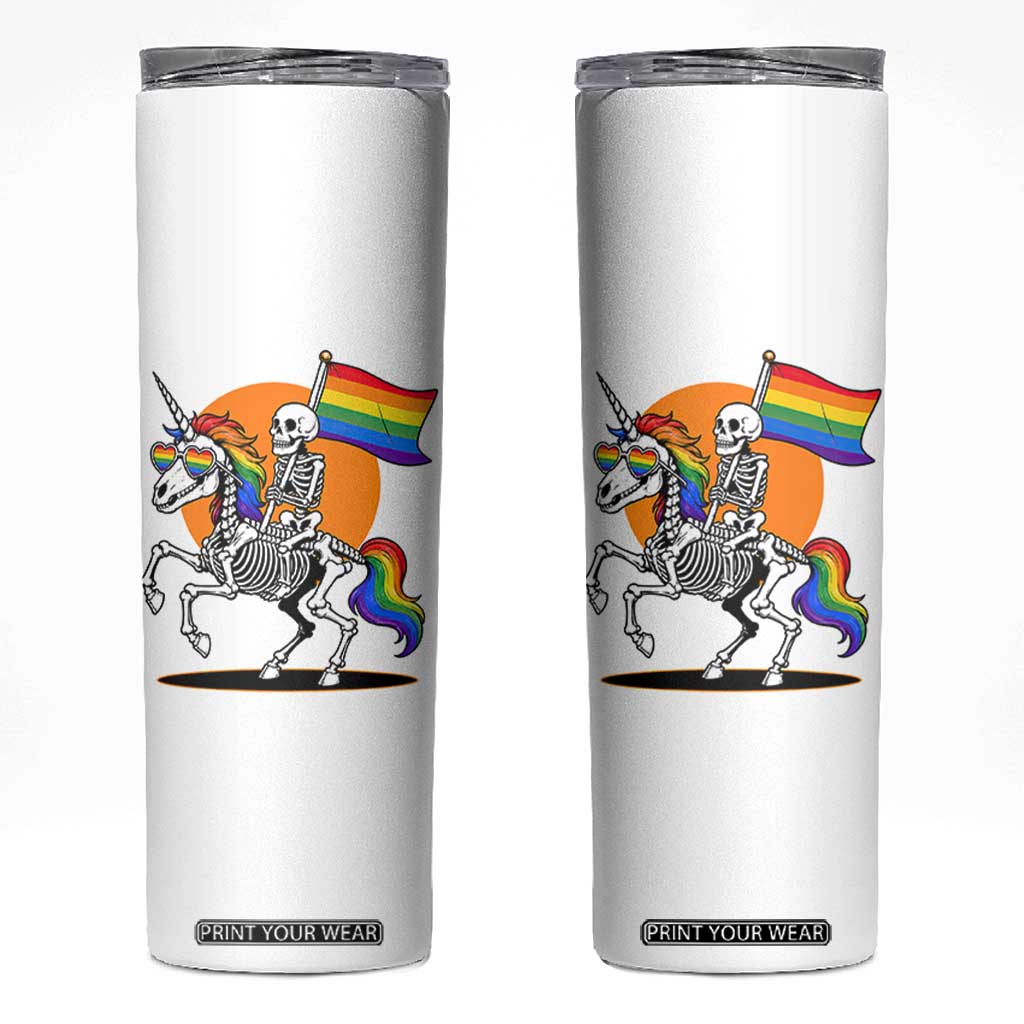 Funny Skeleton Riding Unicorn LGBTQ Pride Skinny Tumbler Rainbow Fantasy Graphic TS12 White Print Your Wear