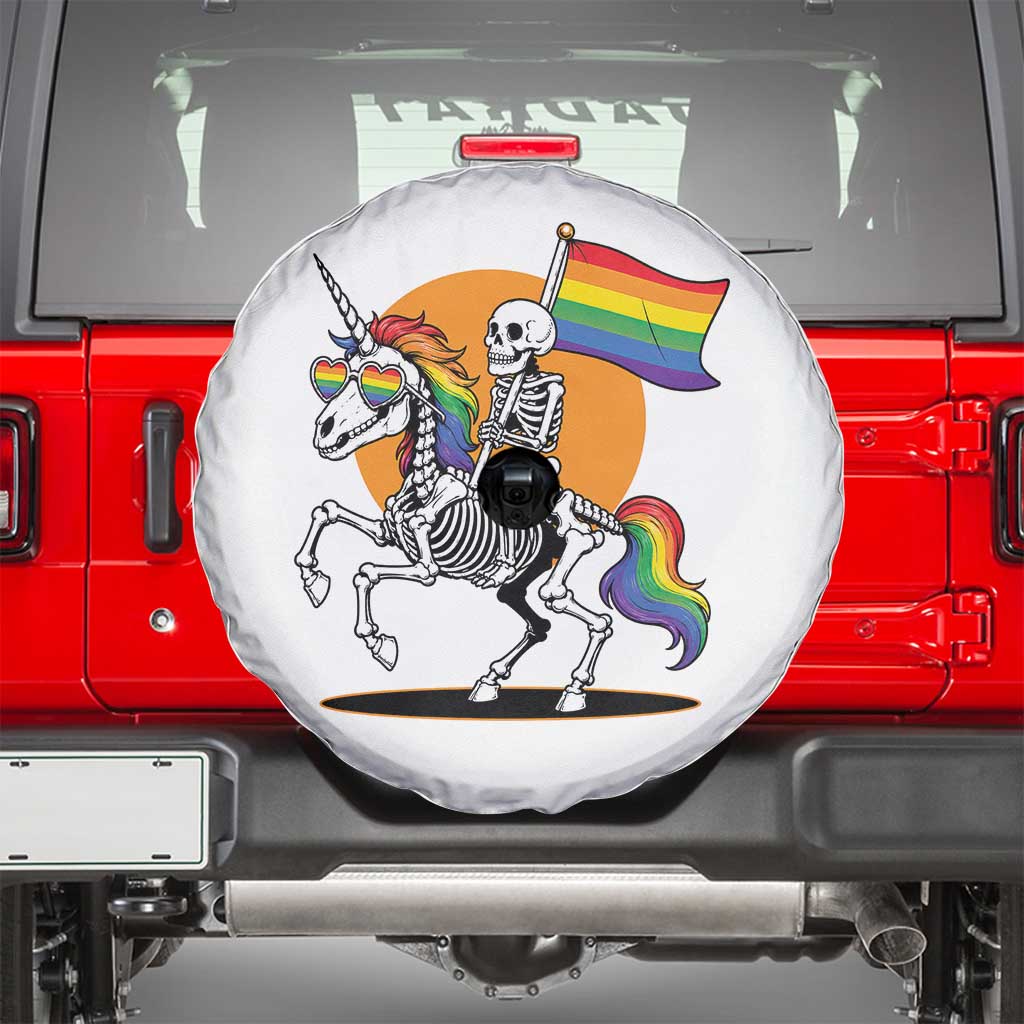 Funny Skeleton Riding Unicorn LGBTQ Pride Spare Tire Cover Rainbow Fantasy Graphic TS12 White Print Your Wear