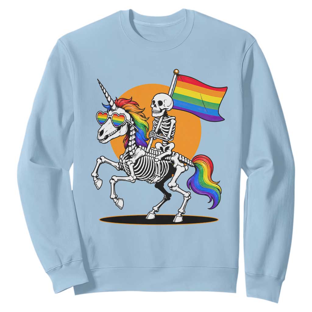 Funny Skeleton Riding Unicorn LGBTQ Pride Sweatshirt Rainbow Fantasy Graphic TS12 Light Blue Print Your Wear