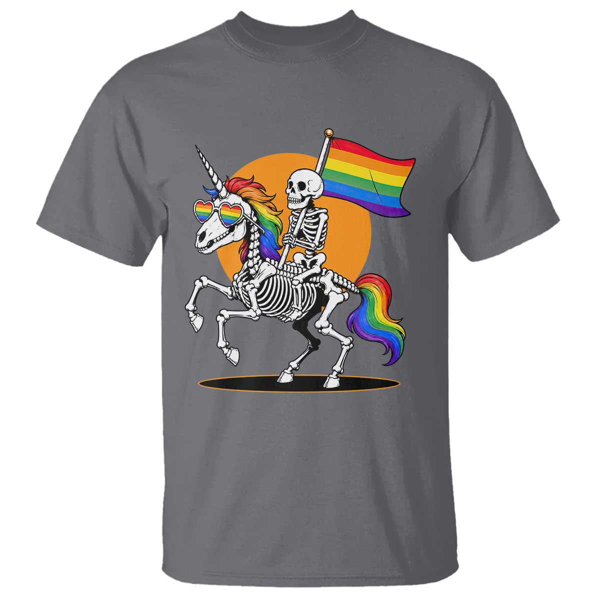 Funny Skeleton Riding Unicorn LGBTQ Pride T Shirt Rainbow Fantasy Graphic TS12 Charcoal Print Your Wear