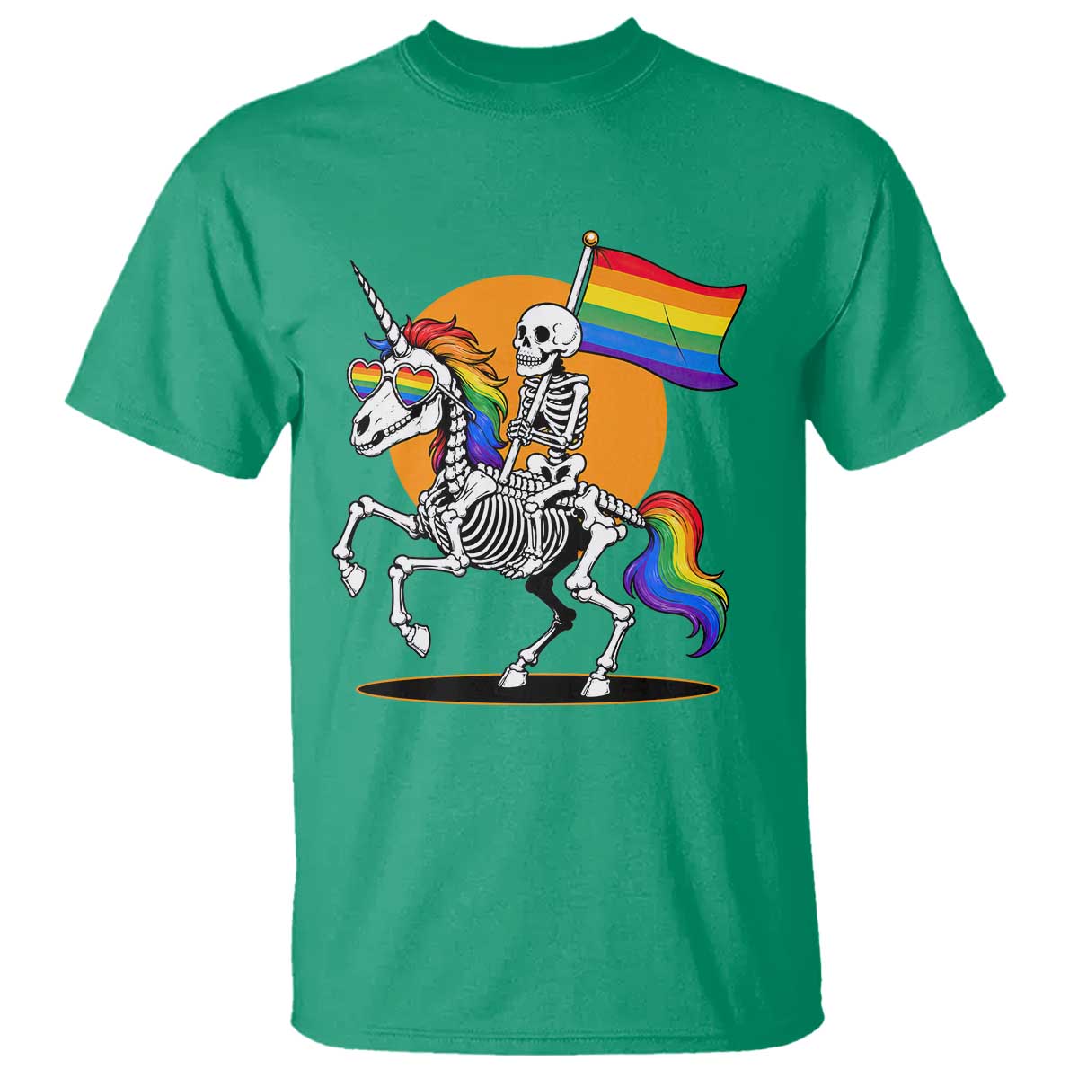 Funny Skeleton Riding Unicorn LGBTQ Pride T Shirt Rainbow Fantasy Graphic TS12 Irish Green Print Your Wear