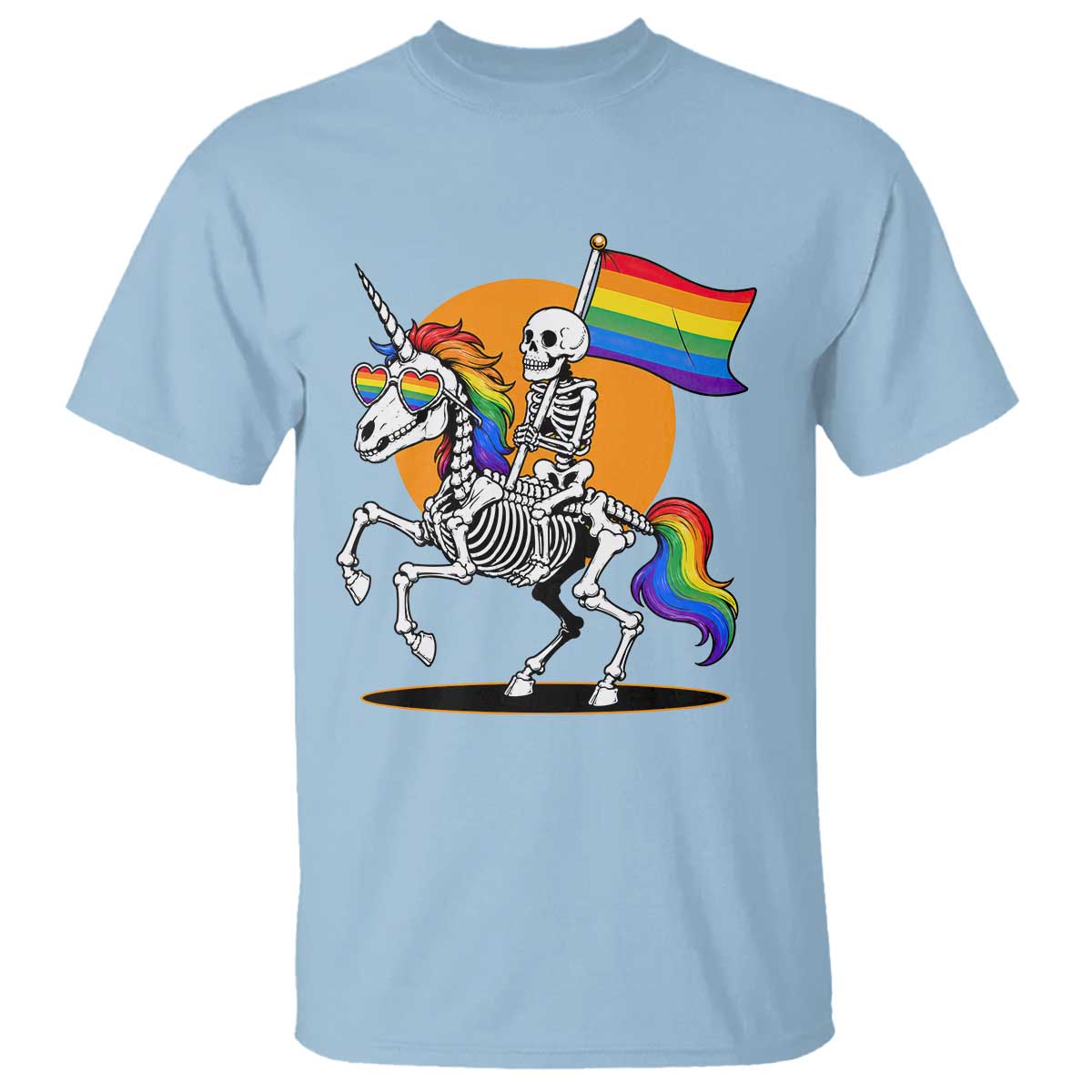 Funny Skeleton Riding Unicorn LGBTQ Pride T Shirt Rainbow Fantasy Graphic TS12 Light Blue Print Your Wear
