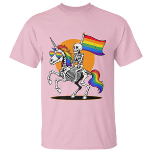 Funny Skeleton Riding Unicorn LGBTQ Pride T Shirt Rainbow Fantasy Graphic TS12 Light Pink Print Your Wear