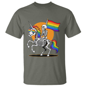Funny Skeleton Riding Unicorn LGBTQ Pride T Shirt Rainbow Fantasy Graphic TS12 Military Green Print Your Wear