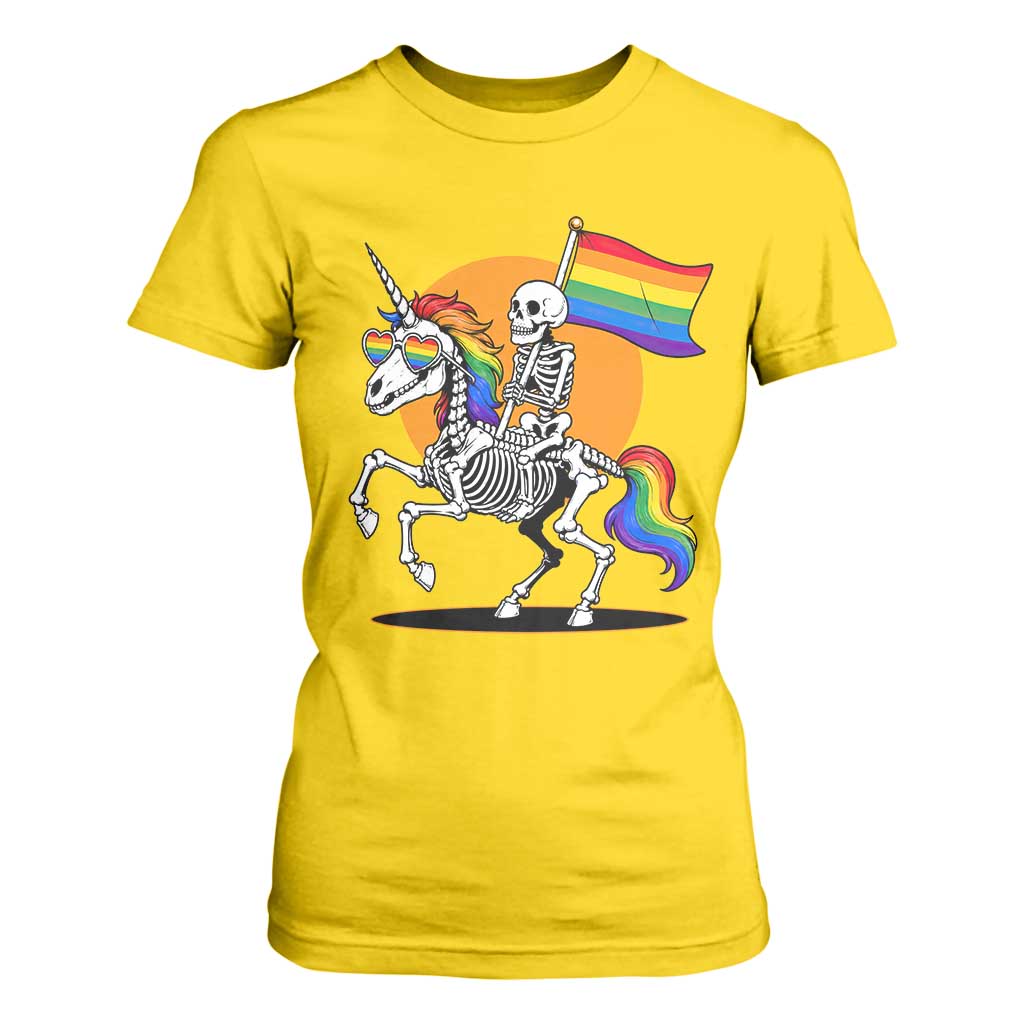 Funny Skeleton Riding Unicorn LGBTQ Pride T Shirt For Women Rainbow Fantasy Graphic TS12 Daisy Print Your Wear