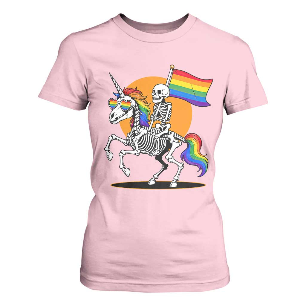 Funny Skeleton Riding Unicorn LGBTQ Pride T Shirt For Women Rainbow Fantasy Graphic TS12 Light Pink Print Your Wear