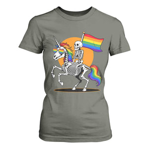 Funny Skeleton Riding Unicorn LGBTQ Pride T Shirt For Women Rainbow Fantasy Graphic TS12 Military Green Print Your Wear