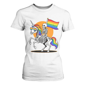 Funny Skeleton Riding Unicorn LGBTQ Pride T Shirt For Women Rainbow Fantasy Graphic TS12 White Print Your Wear