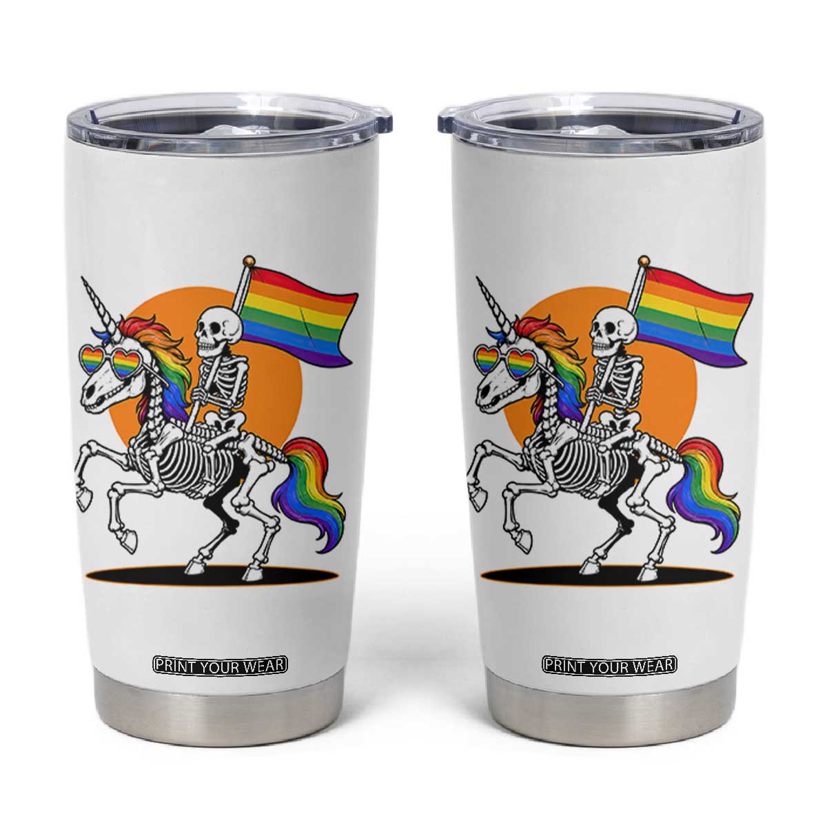 Funny Skeleton Riding Unicorn LGBTQ Pride Tumbler Cup Rainbow Fantasy Graphic TS12 White Print Your Wear