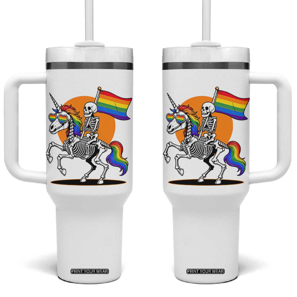 Funny Skeleton Riding Unicorn LGBTQ Pride Tumbler With Handle Rainbow Fantasy Graphic TS12 One Size: 40 oz White Print Your Wear