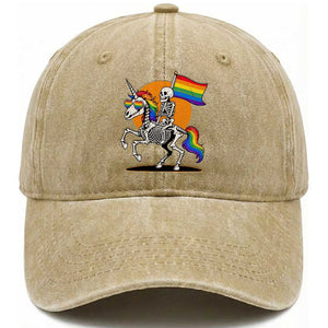 Funny Skeleton Riding Unicorn LGBTQ Pride Washed Cotton Baseball Cap Rainbow Fantasy Graphic TS12 Print Your Wear