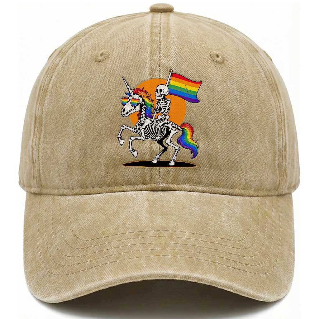 Funny Skeleton Riding Unicorn LGBTQ Pride Washed Cotton Baseball Cap Rainbow Fantasy Graphic TS12 Print Your Wear