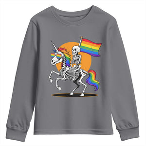 Funny Skeleton Riding Unicorn LGBTQ Pride Youth Sweatshirt Rainbow Fantasy Graphic TS12 Charcoal Print Your Wear