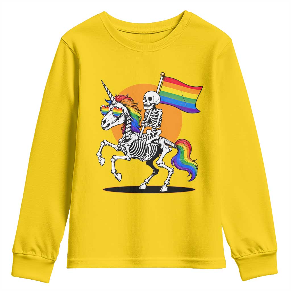 Funny Skeleton Riding Unicorn LGBTQ Pride Youth Sweatshirt Rainbow Fantasy Graphic TS12 Daisy Print Your Wear