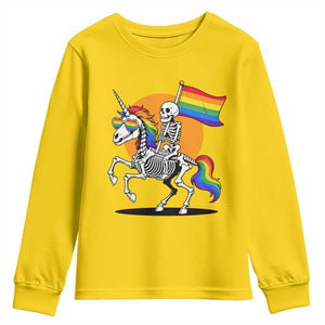 Funny Skeleton Riding Unicorn LGBTQ Pride Youth Sweatshirt Rainbow Fantasy Graphic TS12 Daisy Print Your Wear