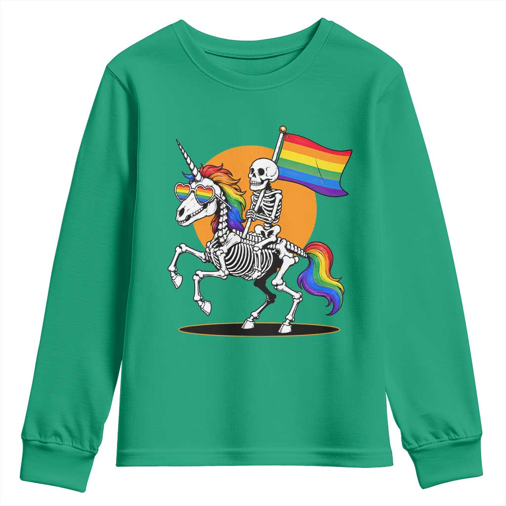 Funny Skeleton Riding Unicorn LGBTQ Pride Youth Sweatshirt Rainbow Fantasy Graphic TS12 Irish Green Print Your Wear