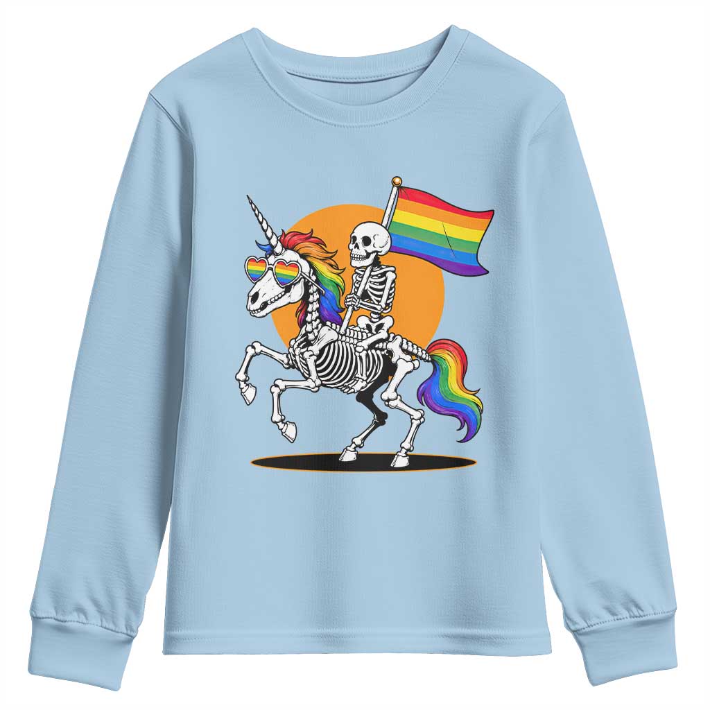 Funny Skeleton Riding Unicorn LGBTQ Pride Youth Sweatshirt Rainbow Fantasy Graphic TS12 Light Blue Print Your Wear