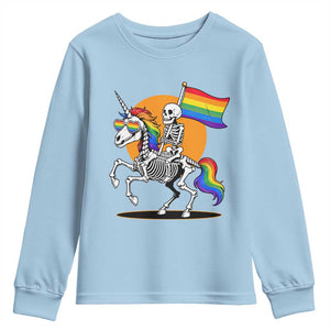 Funny Skeleton Riding Unicorn LGBTQ Pride Youth Sweatshirt Rainbow Fantasy Graphic TS12 Light Blue Print Your Wear