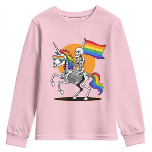 Funny Skeleton Riding Unicorn LGBTQ Pride Youth Sweatshirt Rainbow Fantasy Graphic TS12 Light Pink Print Your Wear