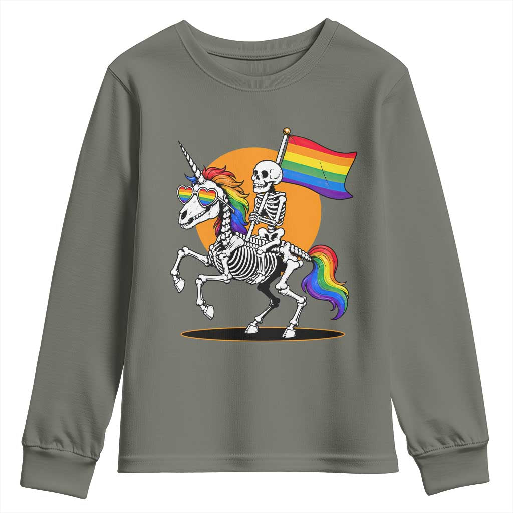 Funny Skeleton Riding Unicorn LGBTQ Pride Youth Sweatshirt Rainbow Fantasy Graphic TS12 Military Green Print Your Wear