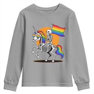 Funny Skeleton Riding Unicorn LGBTQ Pride Youth Sweatshirt Rainbow Fantasy Graphic TS12 Sport Gray Print Your Wear
