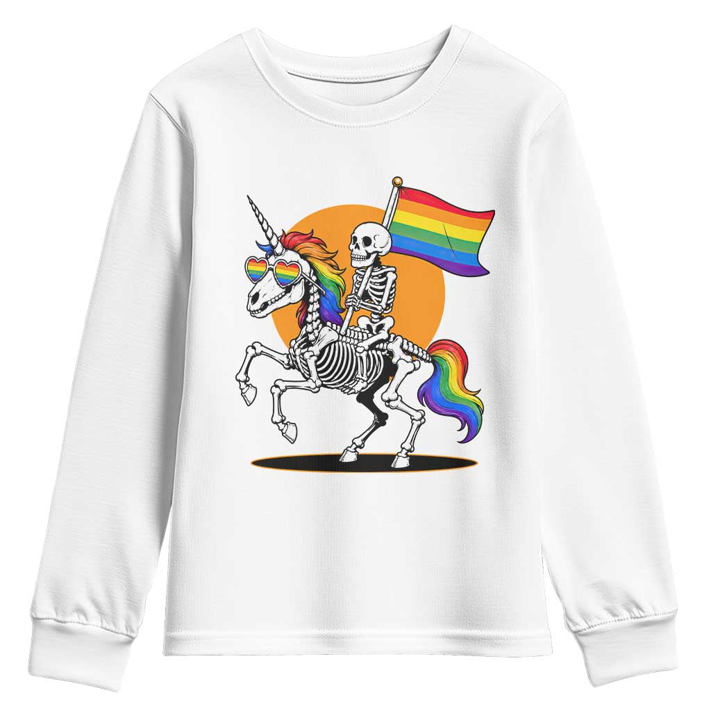 Funny Skeleton Riding Unicorn LGBTQ Pride Youth Sweatshirt Rainbow Fantasy Graphic TS12 White Print Your Wear