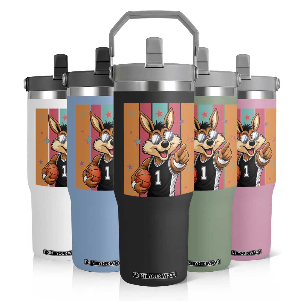 Funny Coyote Playing Basketball Flip Straw Tumbler Hoops Fan Gift