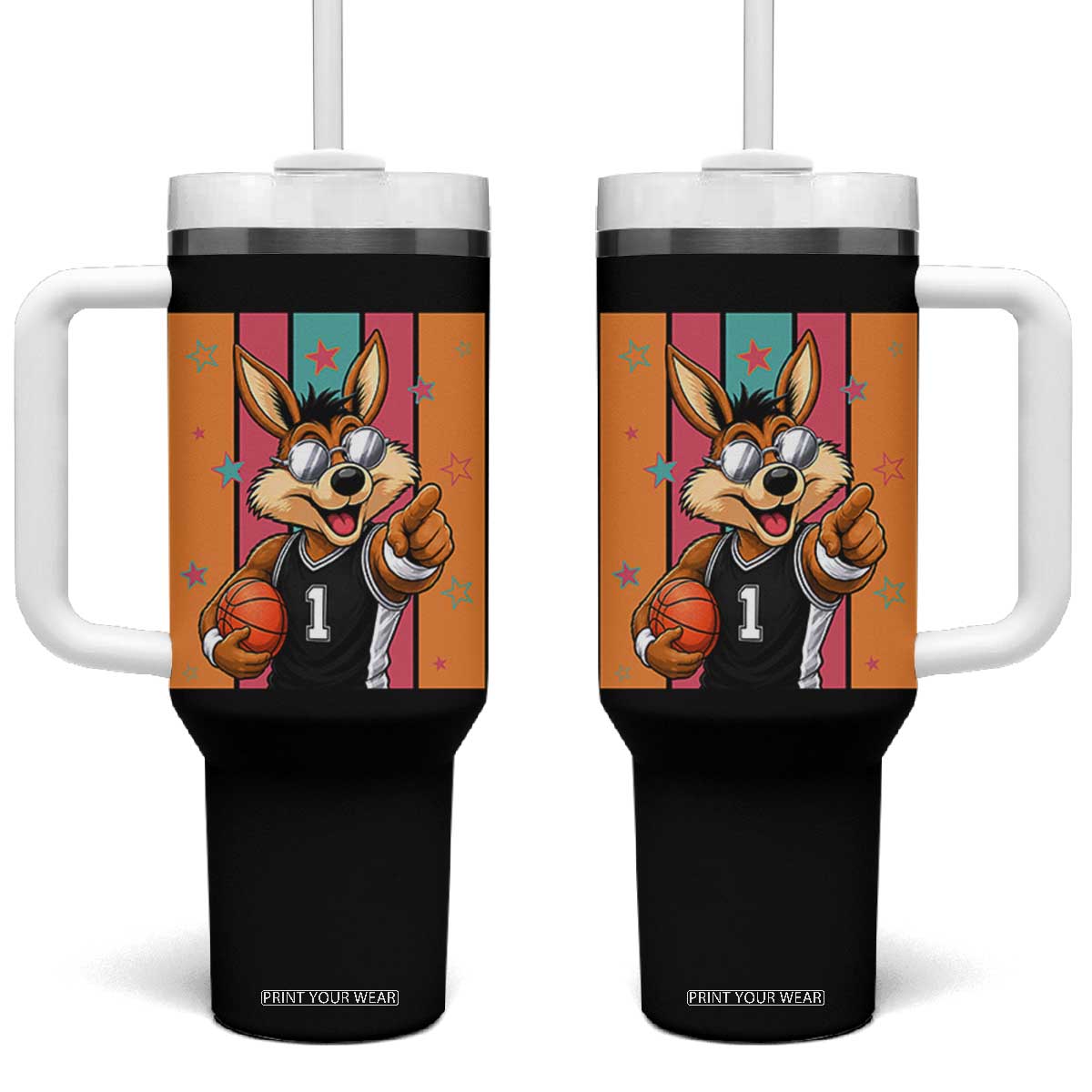 Funny Coyote Playing Basketball Tumbler With Handle Hoops Fan Gift