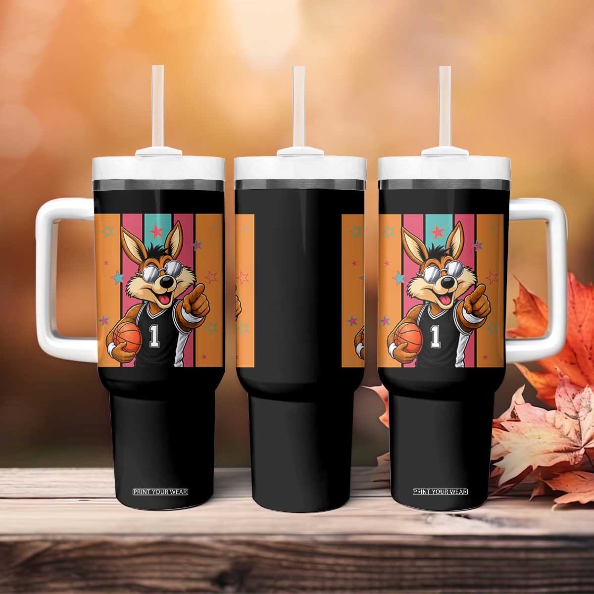 Funny Coyote Playing Basketball Tumbler With Handle Hoops Fan Gift