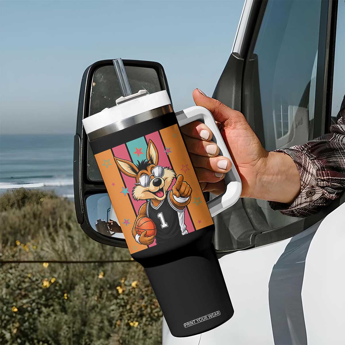 Funny Coyote Playing Basketball Tumbler With Handle Hoops Fan Gift