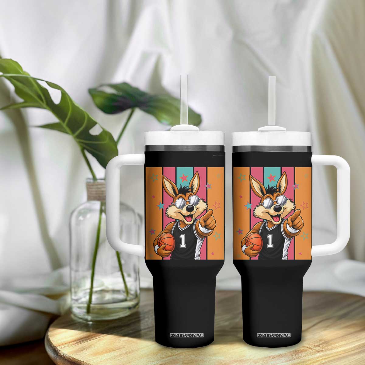 Funny Coyote Playing Basketball Tumbler With Handle Hoops Fan Gift