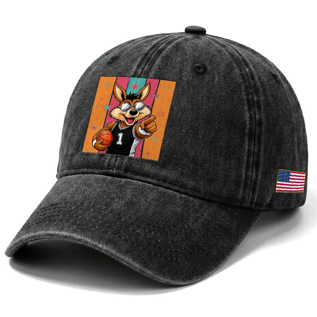 Funny Coyote Playing Basketball Washed Cotton Baseball Cap Hoops Fan Gift