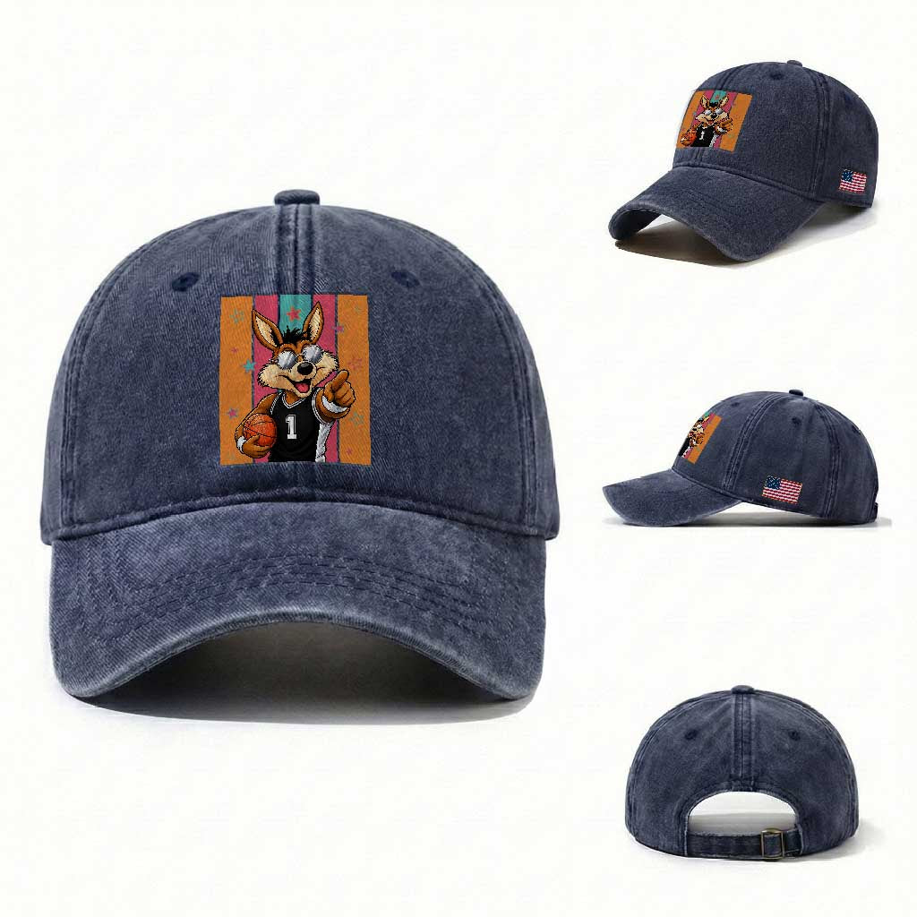 Funny Coyote Playing Basketball Washed Cotton Baseball Cap Hoops Fan Gift