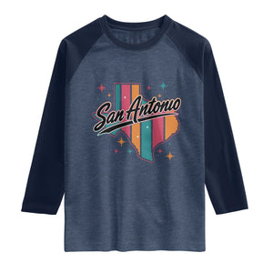 San Antonio Game Day Spirit Raglan Shirt Texas Map Pride TS12 Heather Denim Navy Print Your Wear