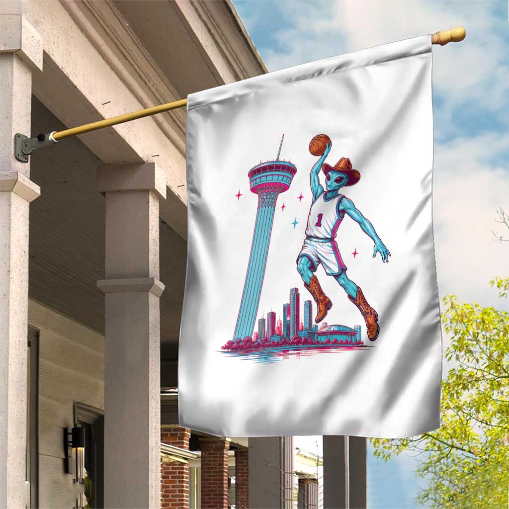 Funny Alien Cowboy Dunking Basketball Garden Flag San Antonio Skyline
