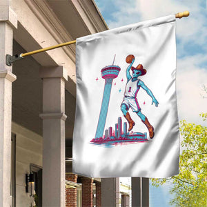 Funny Alien Cowboy Dunking Basketball Garden Flag San Antonio Skyline