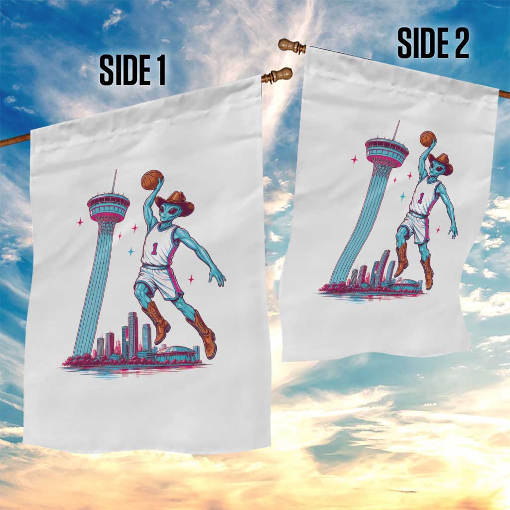 Funny Alien Cowboy Dunking Basketball Garden Flag San Antonio Skyline