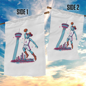 Funny Alien Cowboy Dunking Basketball Garden Flag San Antonio Skyline