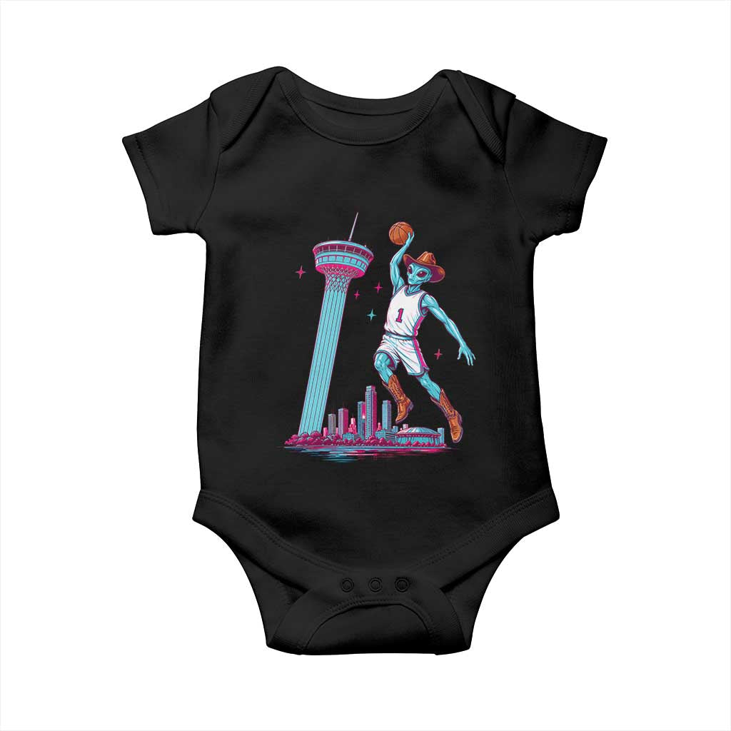 Funny Alien Cowboy Dunking Basketball Baby Onesie San Antonio Skyline
