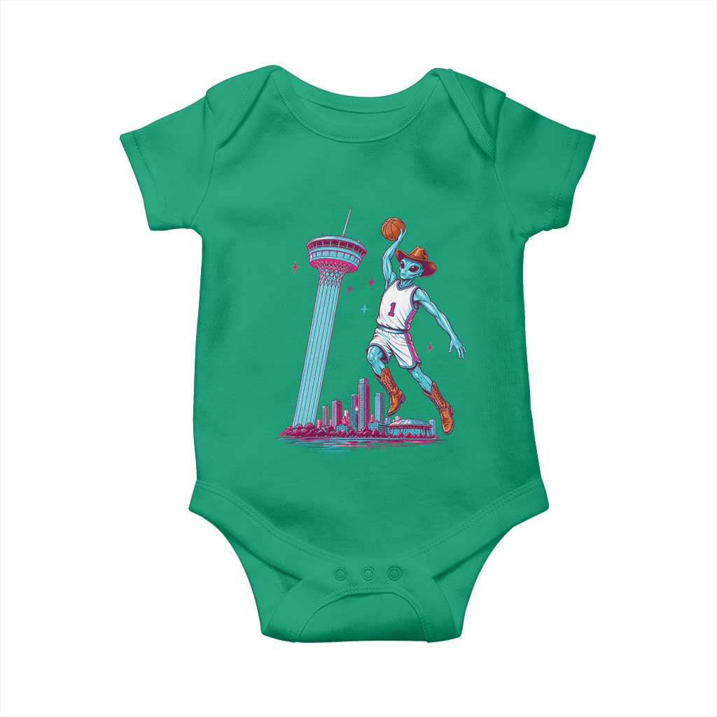 Funny Alien Cowboy Dunking Basketball Baby Onesie San Antonio Skyline